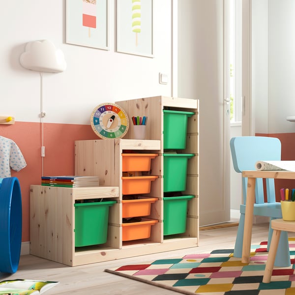 TROFAST storage combination with boxes, light white stained pine light orange/bright green, 94x44x91 cm