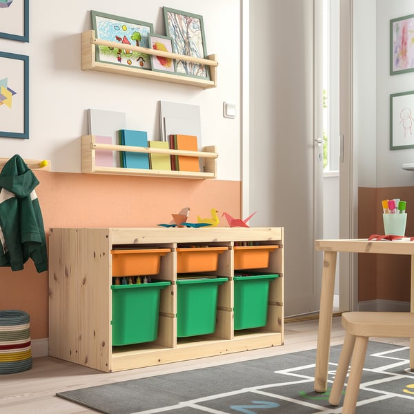 TROFAST storage combination with boxes, light white stained pine light orange/bright green, 93x44x52 cm