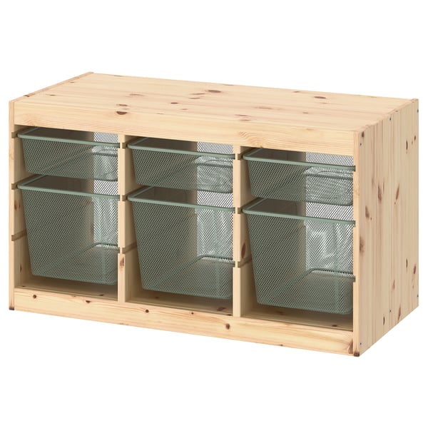TROFAST storage combination with boxes, light white stained pine/light green-grey, 93x44x52 cm
