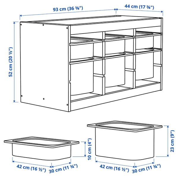 TROFAST - TROFAST Storage combination with boxes, light white stained pine/light green-grey, 93x44x52 cm