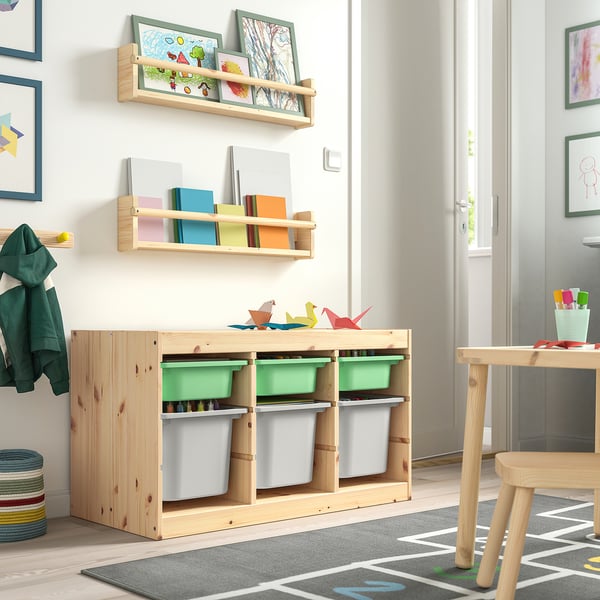 TROFAST storage combination with boxes, light white stained pine light green/grey, 93x44x52 cm