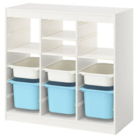 TROFAST storage combination, with shelves/boxes room divider/white light blue, 99x44x94 cm