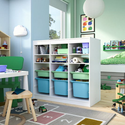 TROFAST storage combination, with shelves/boxes room divider/white light green light blue, 99x44x94 cm