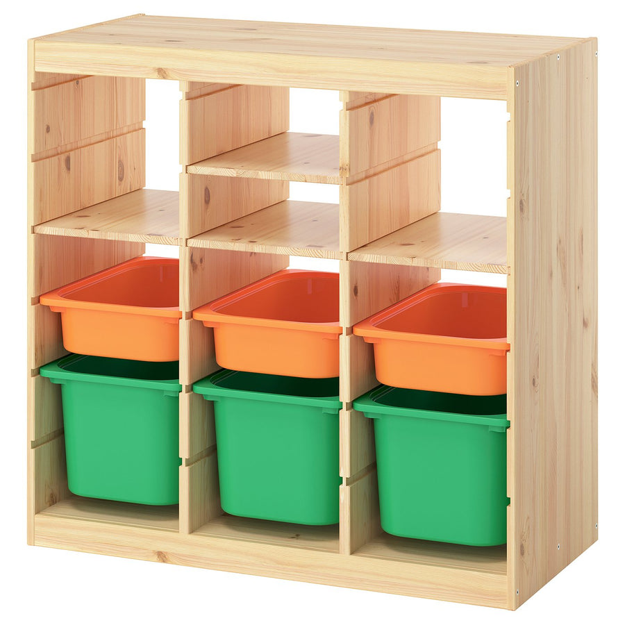 TROFAST storage combination, with shelves/boxes room divider/light white stained pine light orange bright green, 93x44x91 cm