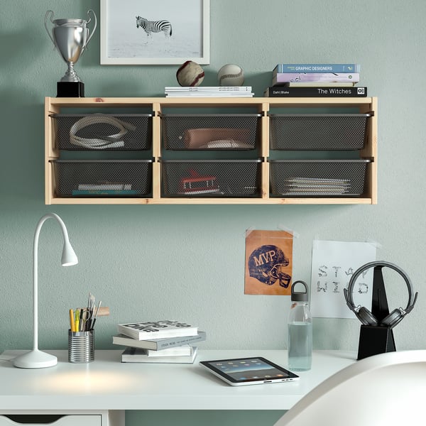 TROFAST wall storage, light white stained pine/dark grey, 93x21x30 cm
