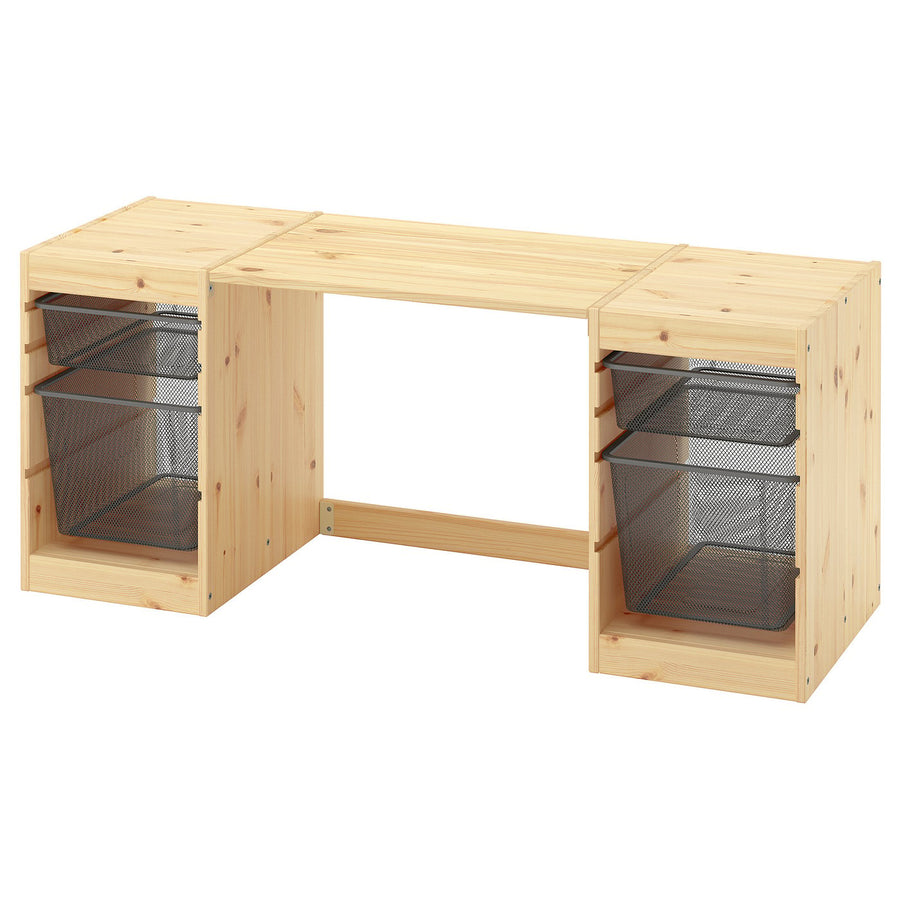 TROFAST desk with mesh storage boxes, light white stained pine/dark grey dark grey, 124x44x52 cm