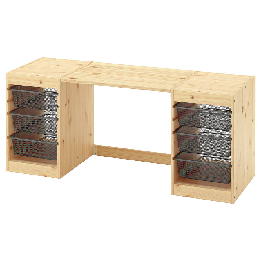TROFAST desk with mesh storage boxes, light white stained pine dark grey, 124x44x52 cm