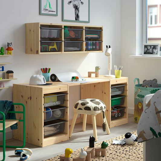 TROFAST desk with mesh storage boxes, light white stained pine dark grey, 124x44x52 cm