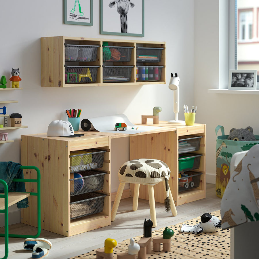TROFAST desk with mesh storage boxes, light white stained pine dark grey, 124x44x52 cm