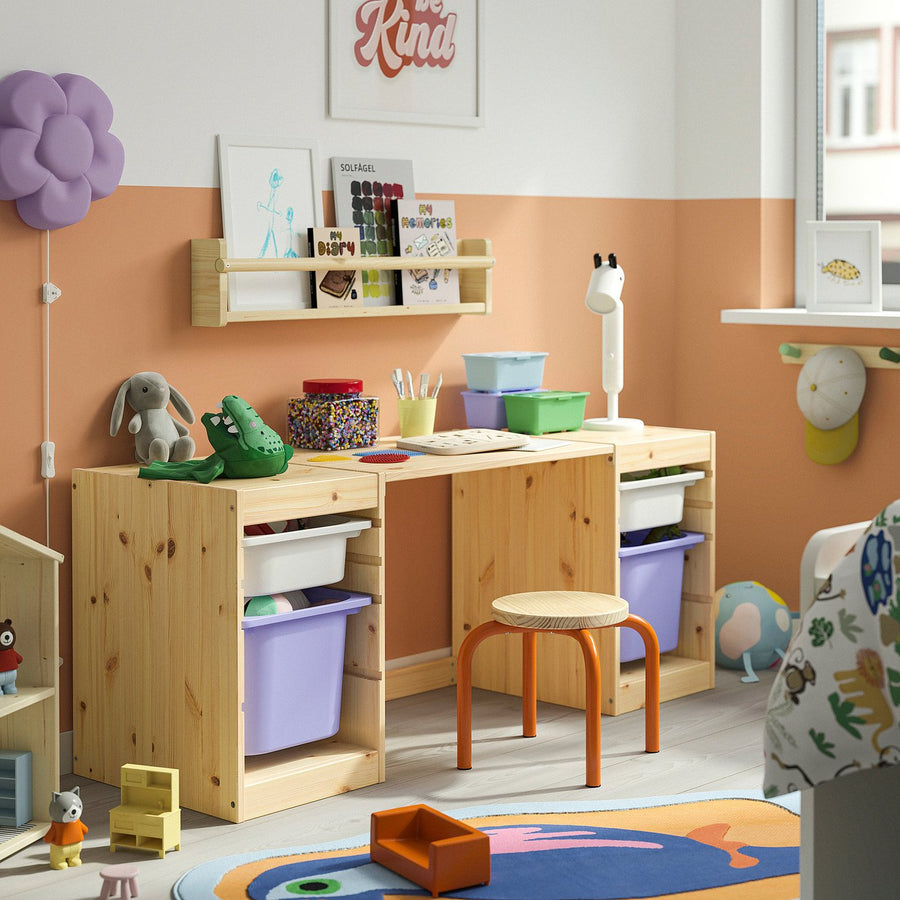 TROFAST desk with storage boxes, light white stained pine/white lilac, 124x44x52 cm