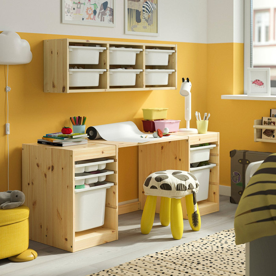 TROFAST desk with storage boxes/trays, light white stained pine/white white, 124x52x44 cm
