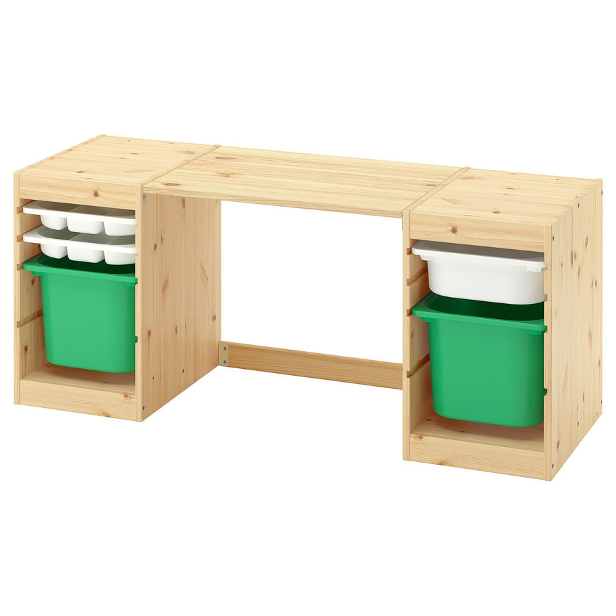 TROFAST desk with storage boxes/trays, light white stained pine/white bright green, 124x52x44 cm