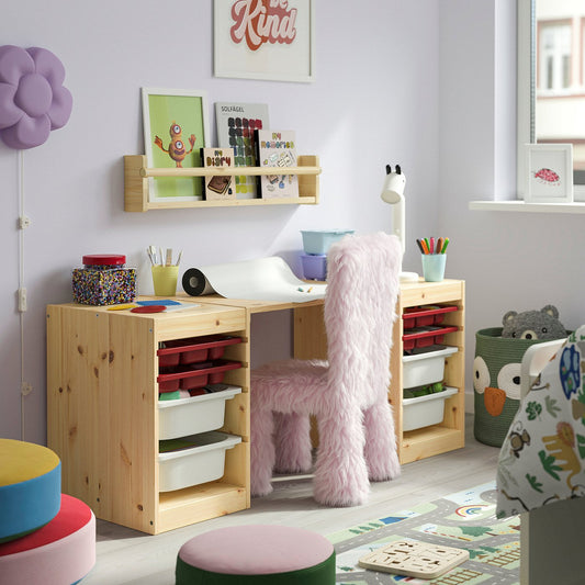 TROFAST desk with storage boxes/trays, light white stained pine/red white, 124x44x52 cm