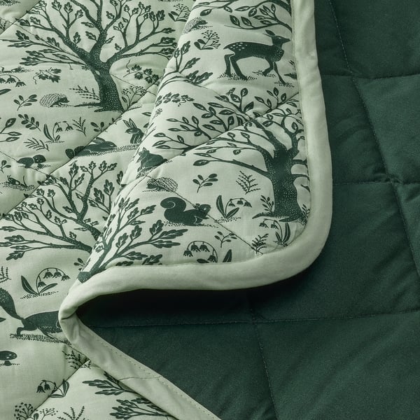 TROLLDOM quilted blanket, forest animal pattern/green, 96x96 cm