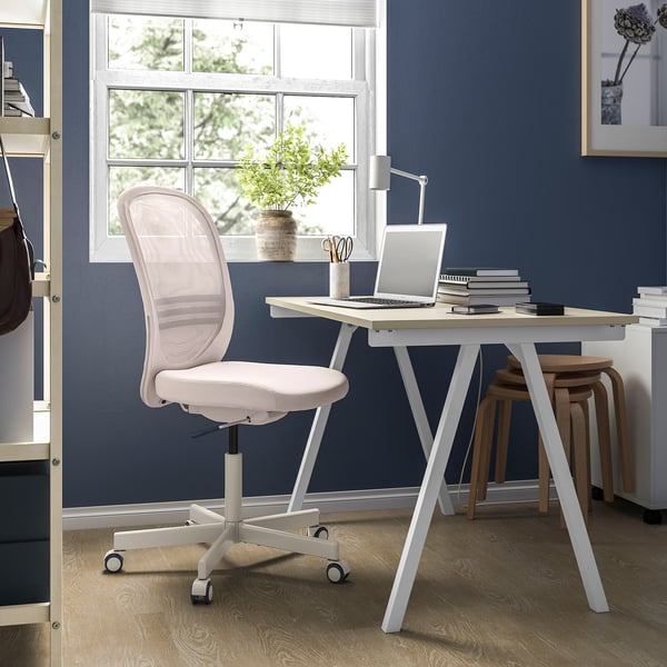 TROTTEN/FLINTAN / EKENABBEN desk and storage combination, and swivel chair beige/white
