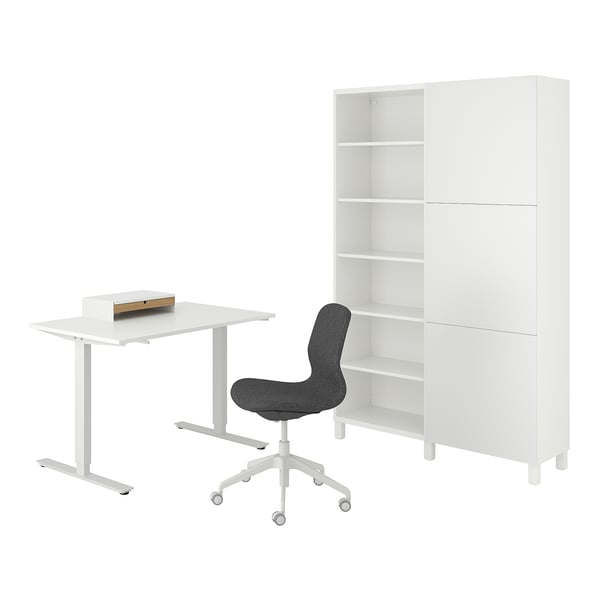 TROTTEN/LÅNGFJÄLL / BESTÅ/LAPPVIKEN desk and storage combination, and swivel chair white/grey