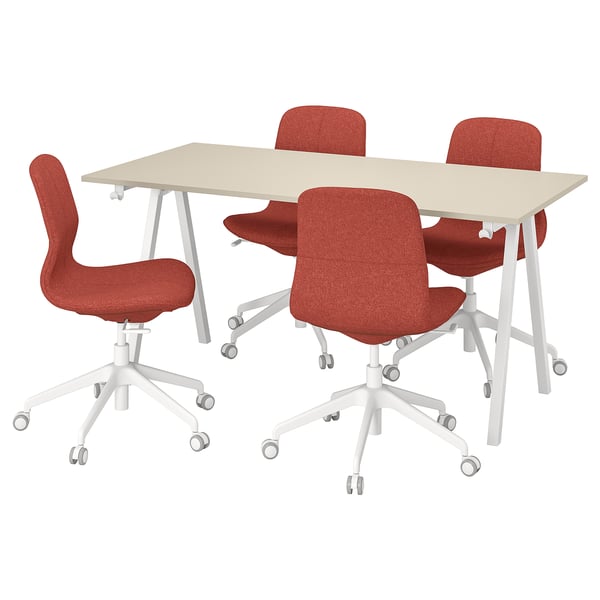 TROTTEN / LÅNGFJÄLL conference table and chairs, beige white/red-orange, 160x80 cm