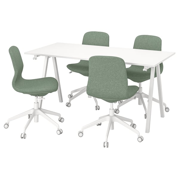 TROTTEN / LÅNGFJÄLL conference table and chairs, white/green-grey, 160x80 cm