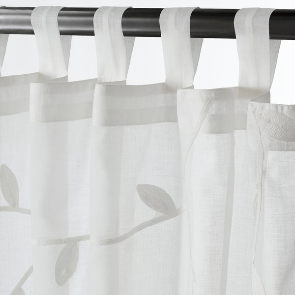 TULKÖRTSFLY sheer curtains, 1 pair, embroidery leaf/with tab top, 300x145 cm