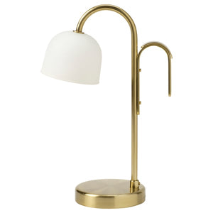 TVÅMASTAD LED portable lamp, battery-operated brass/opal white glass