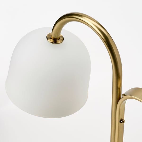 TVÅMASTAD LED portable lamp, battery-operated brass/opal white glass