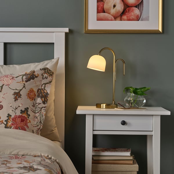 TVÅMASTAD LED portable lamp, battery-operated brass/opal white glass