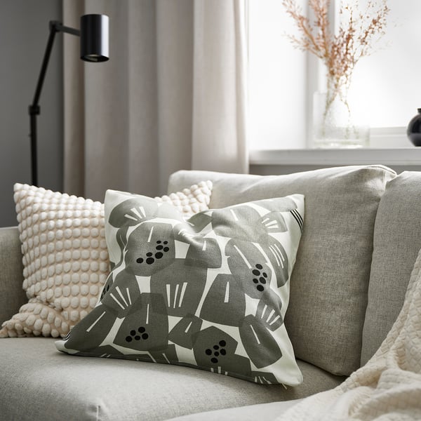 UNDERBLOMMA cushion cover, white/light grey-green, 50x50 cm