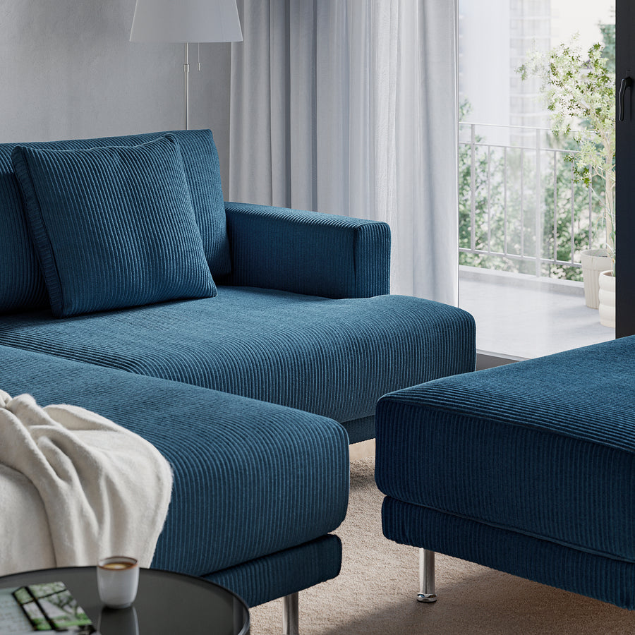 UPPÅKRA 3-seat modular sofa, with chaise longue, left with footstool/Samsala dark blue, 254x95x180 cm