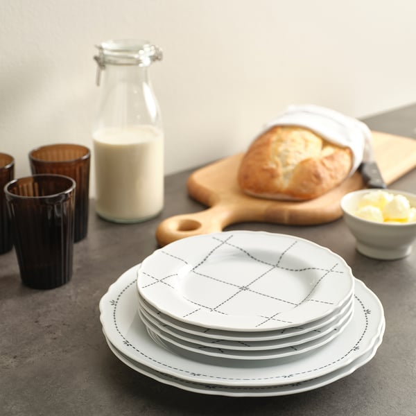 UPPLAGA plate, patterned/white, 28 cm