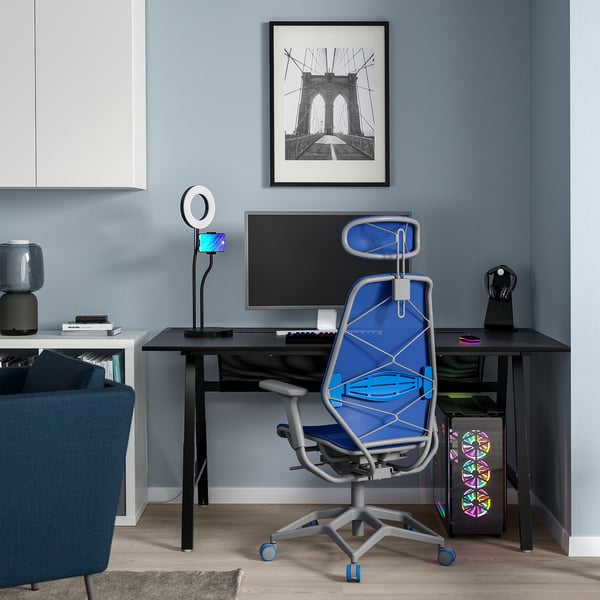 UTESPELARE / STYRSPEL gaming desk and chair, black blue/light grey