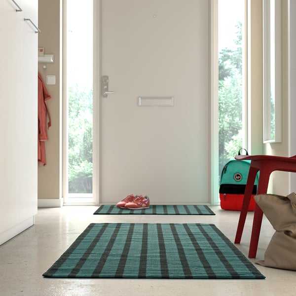 VÄGSKYLT rug, flatwoven, blue-green/black, 80x150 cm