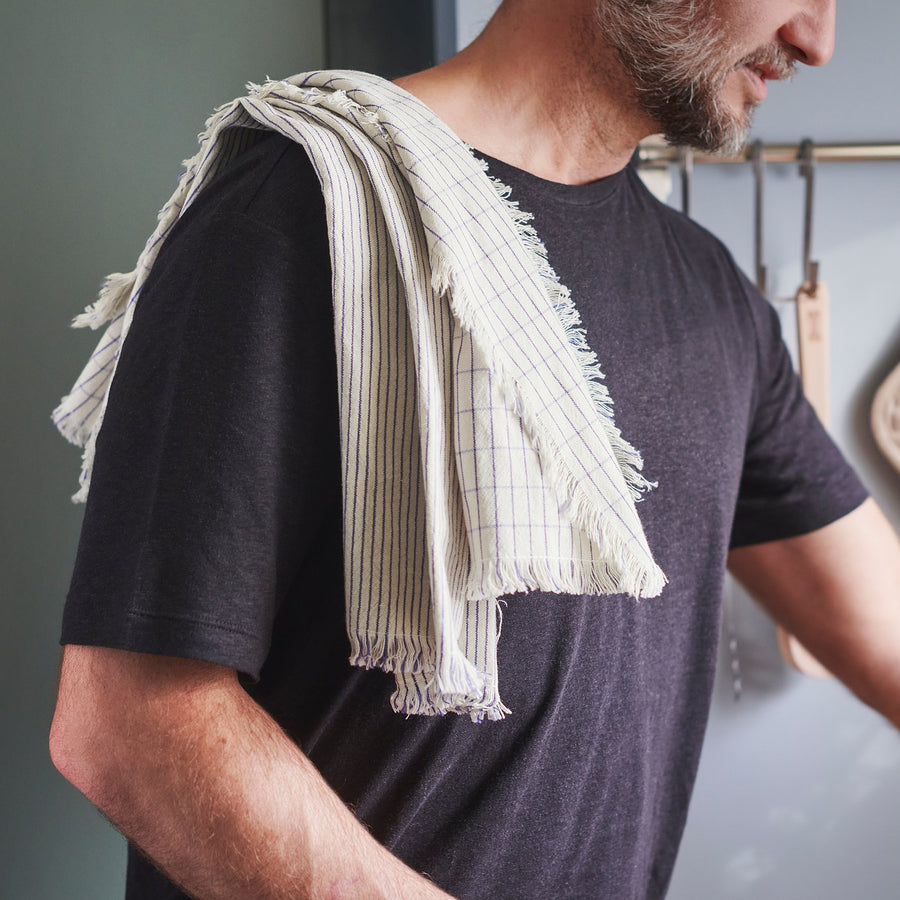 VÄLVÅRDAD tea towel, white/blue patterned, 60x45 cm, 4 pack