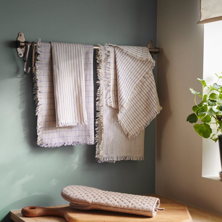 VÄLVÅRDAD tea towel, white/blue patterned, 60x45 cm, 4 pack