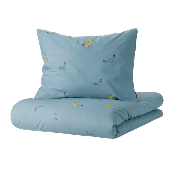VÄNKRETS duvet cover and pillowcase, banana pattern blue, 150x200/50x80 cm