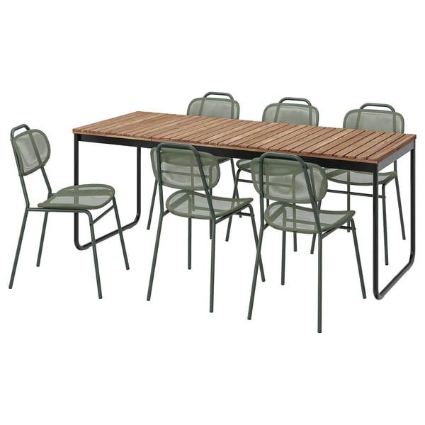 VÄSMAN / ENSHOLM table+6 chairs, outdoor, extendable light brown stained/green, 135/190x74 cm