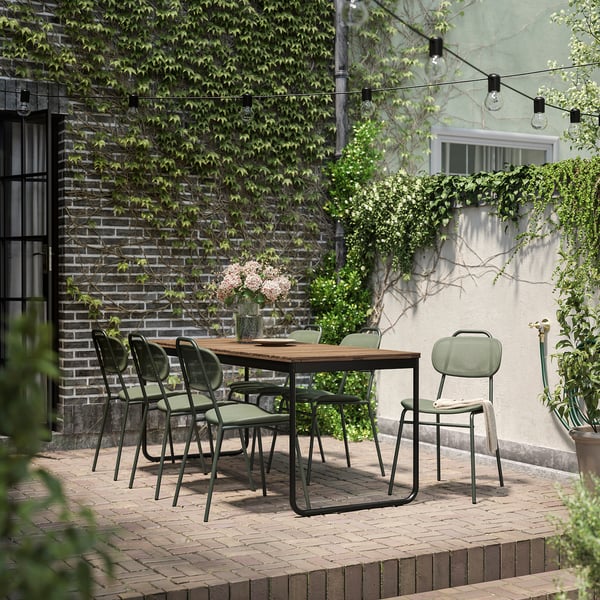 VÄSMAN / ENSHOLM table+6 chairs, outdoor, extendable light brown stained/green, 135/190x74 cm