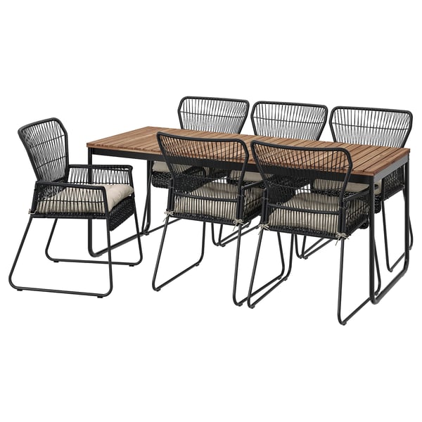 VÄSMAN / TALLSKÄR table+6 chairs w armrests, outdoor, extendable light brown stained/anthracite Kuddarna light grey-beige, 135x190/74 cm