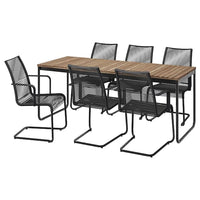 VÄSMAN / VÄSMAN table+6 chairs w armrests, outdoor, extendable light brown stained/black, 135x190/74 cm