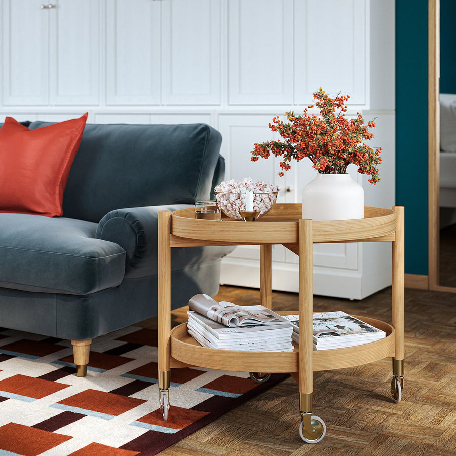 VALNÄS trolley table with storage, oak veneer, 76x56 cm