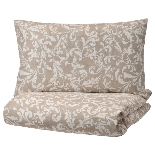 VÅRBRÄCKA duvet cover and pillowcase, beige/white, 150x200/50x80 cm
