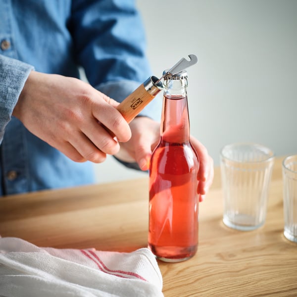 VARDAGEN bottle/can opener, stainless steel/beech, 18 cm