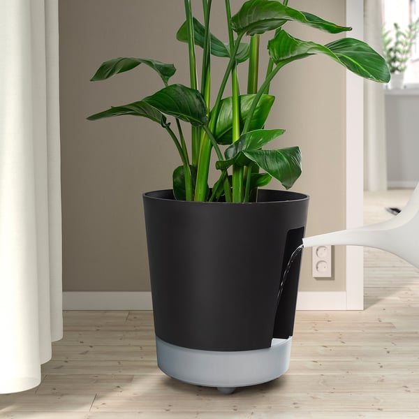 VÅRDTRÄD self-watering plant pot, with wheels in/outdoor/transparent anthracite, 32 cm