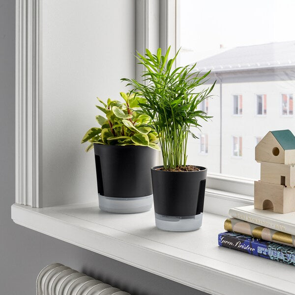 VÅRDTRÄD self-watering plant pot, in/outdoor transparent/anthracite, 9 cm