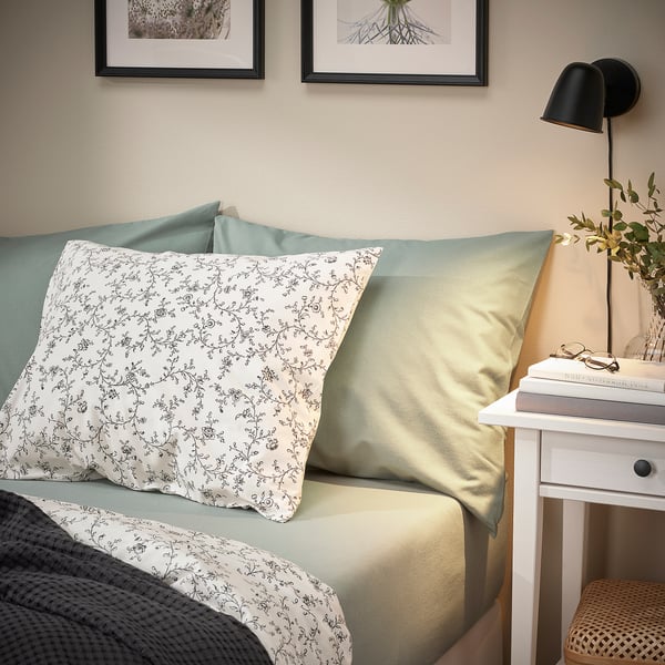 VÅRVIAL fitted sheet, grey-green, 90x200 cm