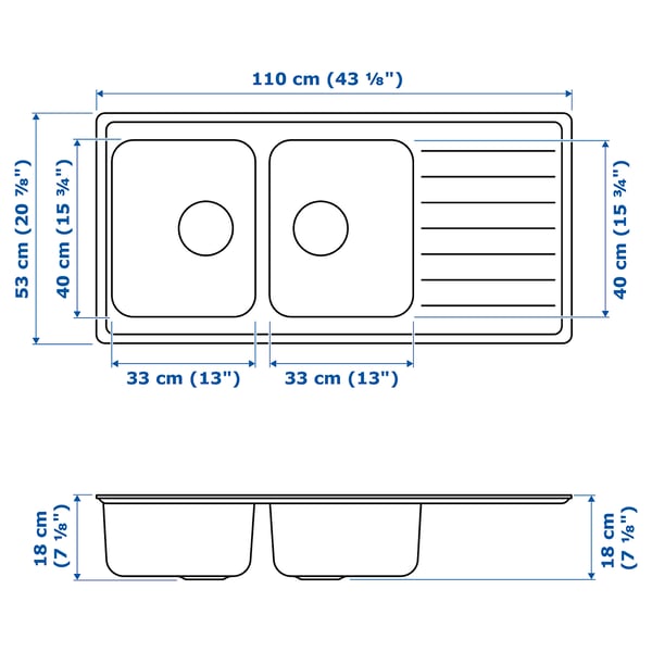 VATTUDALEN inset sink, 2 bowls with drainboard, stainless steel, 110x33 cm