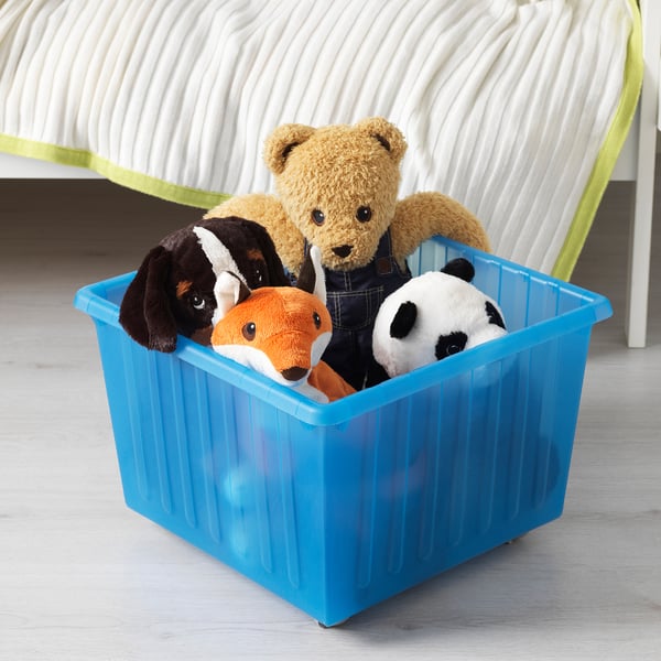VESSLA storage crate with castors, blue, 39x39 cm