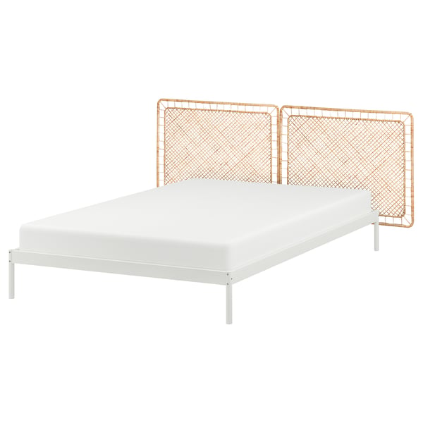 VEVELSTAD bed frame with 2 headboards, white/Tolkning rattan, 140x200 cm