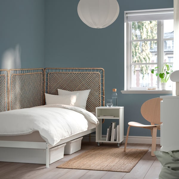 VEVELSTAD bed frame with 3 headboards, white/Tolkning rattan, 90x200 cm