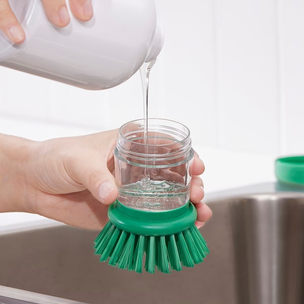 VIDEVECKMAL dish-washing brush with dispenser, bright green, 6 cm