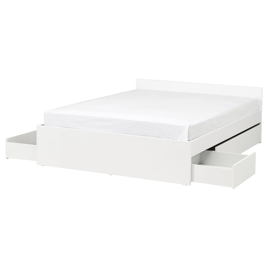 VIHALS bed frame with 4 storage boxes, white/Lindbåden, 160x200 cm